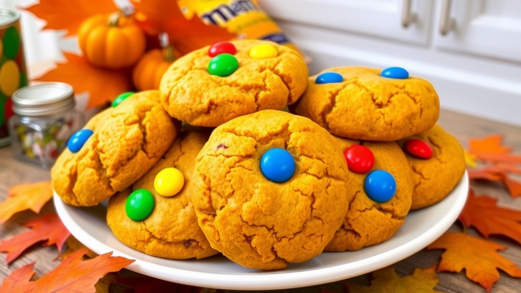 A plate of colorful chewy pumpkin M&M cookies with autumn leaves in the background.